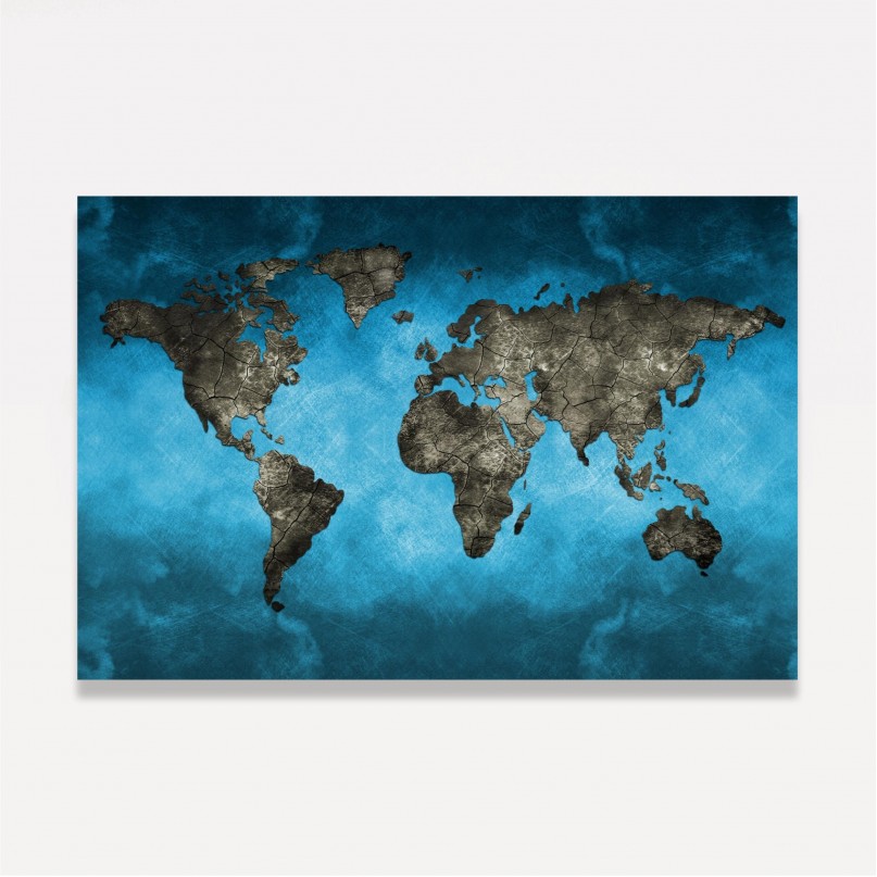 Quadro Mapa Mundi Azul com Preto Moderno