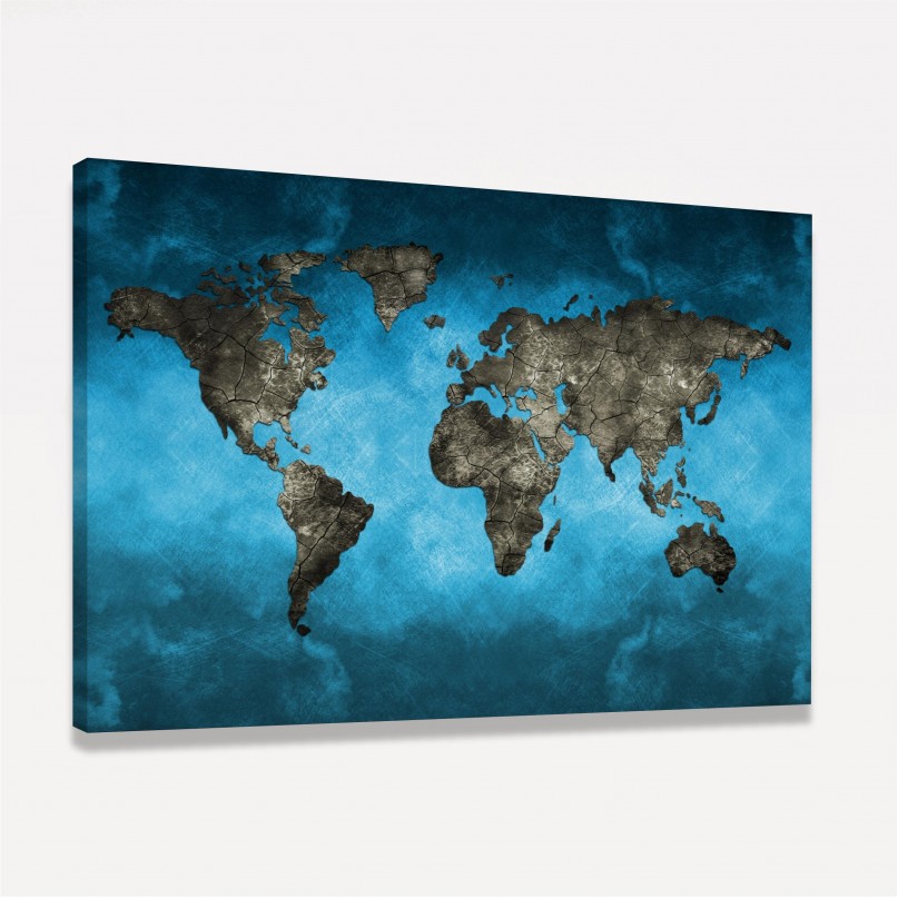 Quadro Mapa Mundi Azul com Preto Moderno