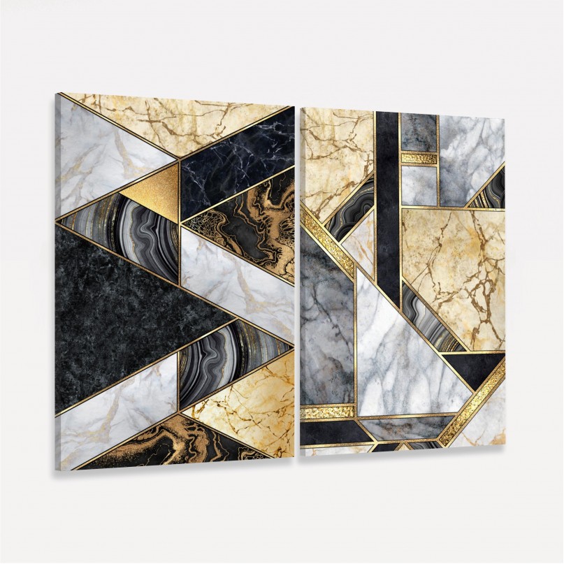 Quadro Abstrato Marmorizado Preto e Dourado Duo Moderno - 2 Peças