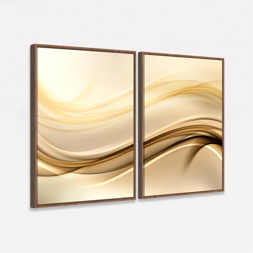 Quadro Abstrato Duo com Linhas de Ouro e Ondas
