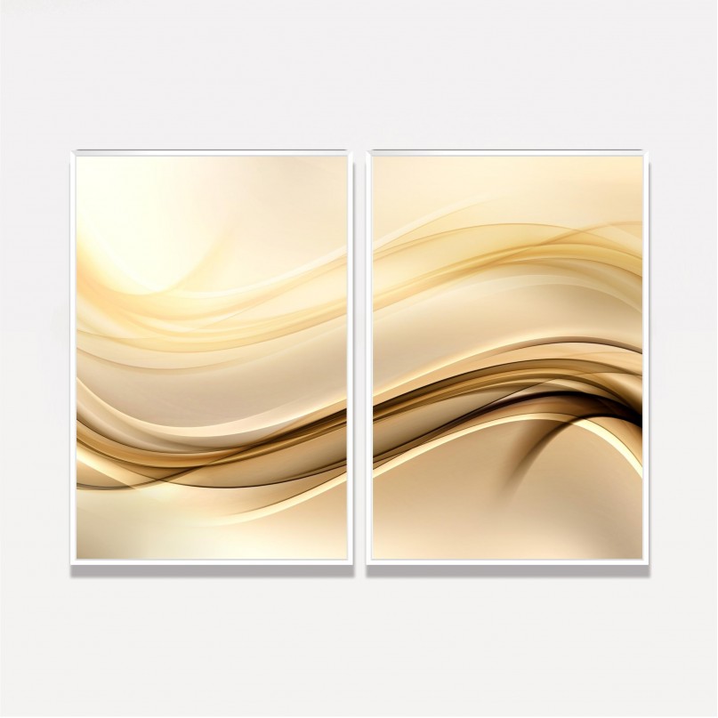 Quadro Abstrato Duo com Linhas de Ouro e Ondas
