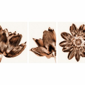 Kit Quadros Flores Floral Moderno em Tons de Bronze - 3 Peças