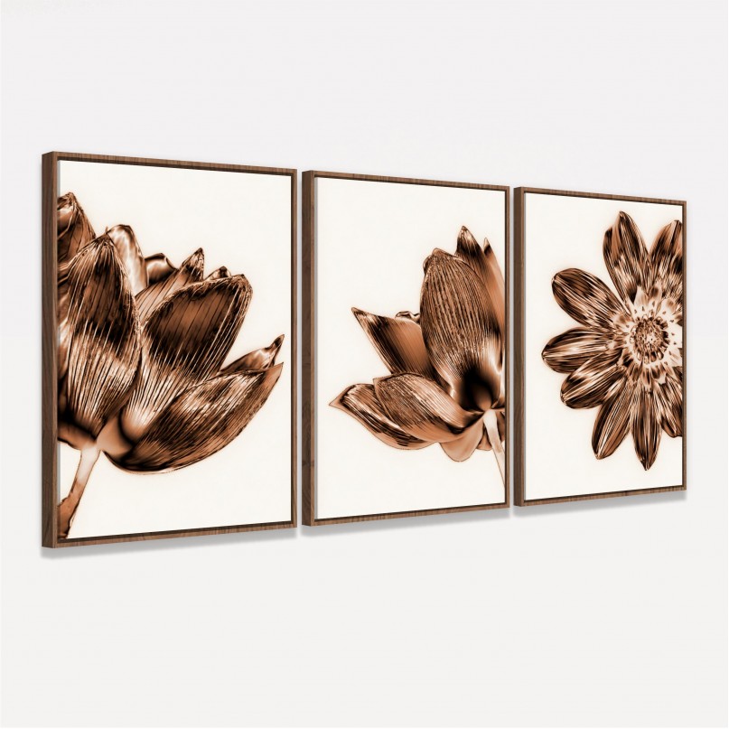 Kit Quadros Flores Floral Moderno em Tons de Bronze - 3 Peças