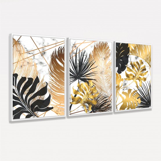 Kit Quadros decorativos Folhas Folhagem Abstrata Dourada - 3 Peças