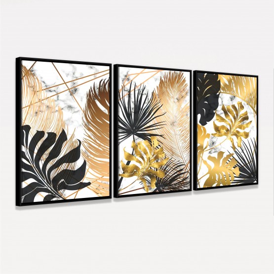 Kit Quadros decorativos Folhas Folhagem Abstrata Dourada - 3 Peças