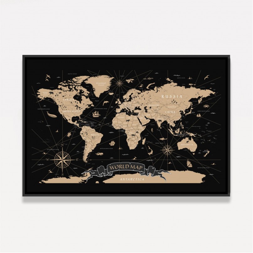 Quadro Mapa Mundi Vintage em Preto - World Map