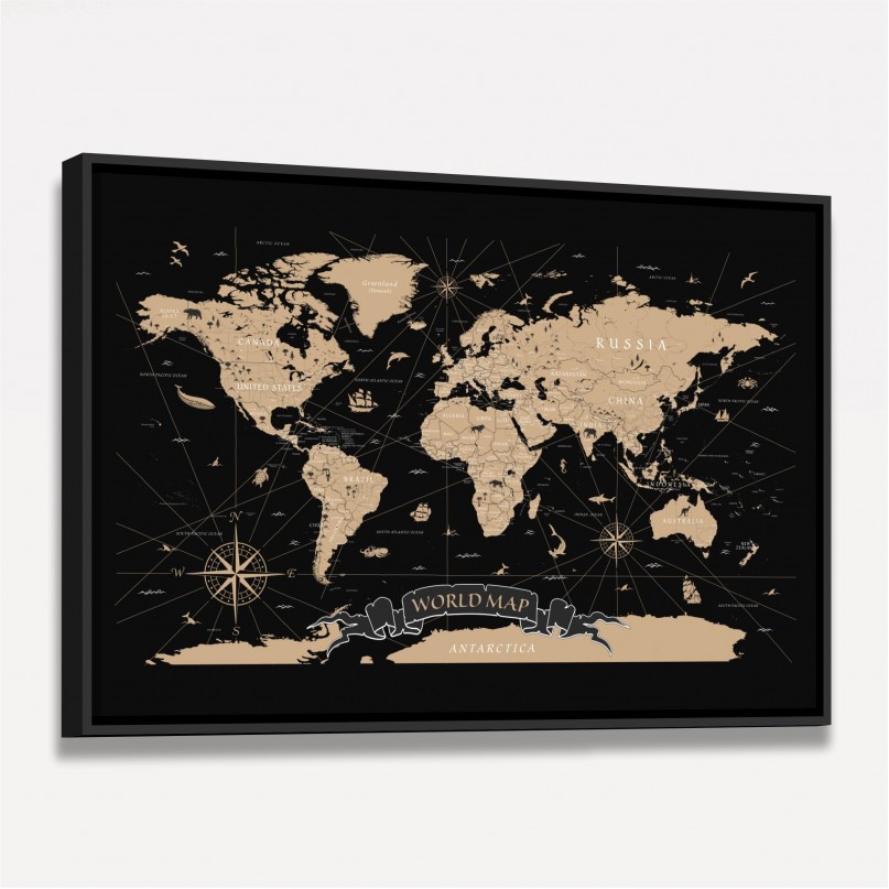Quadro Mapa Mundi Vintage em Preto - World Map