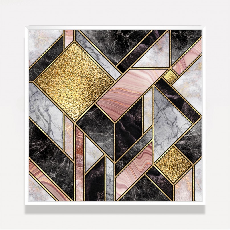 Quadro Abstrato Mosaico de Mármore Dourado e Rosa