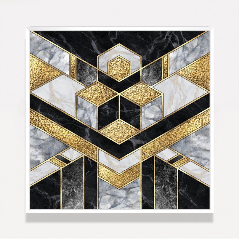 Quadro Abstrato Preto e Dourado Geométrico Mármorizado Luxo