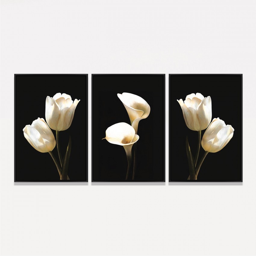 Quadros Flores Brancas Sobre Preto - Tulipas e Copo de Leite
