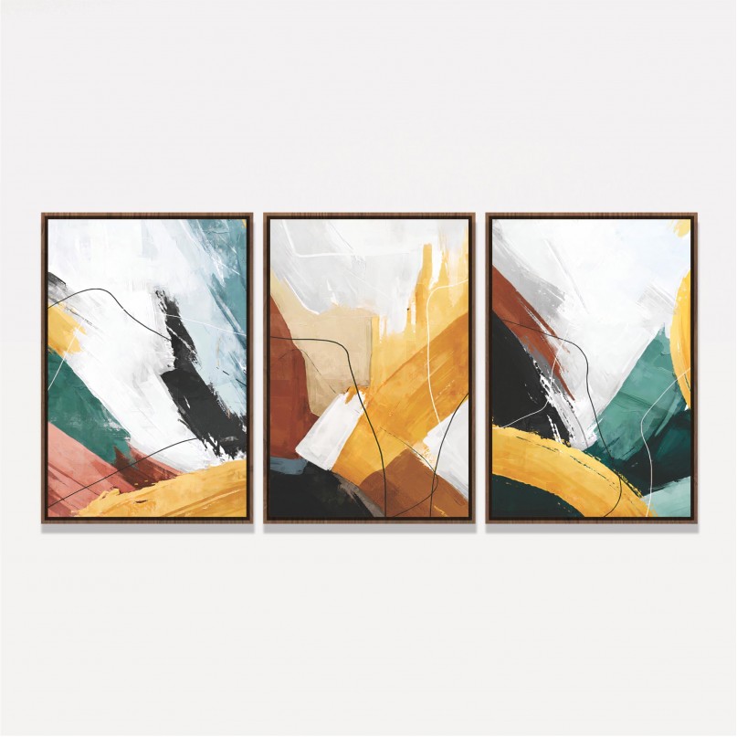 Quadros Arte Abstrata Trio Pinceladas Coloridas Moderno