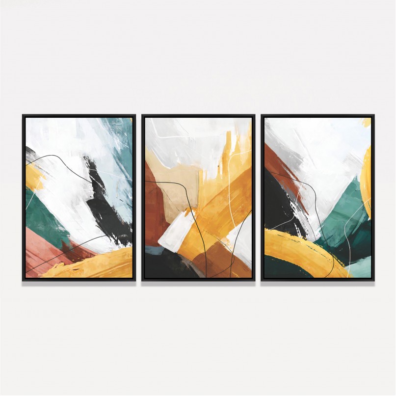 Quadros Arte Abstrata Trio Pinceladas Coloridas Moderno