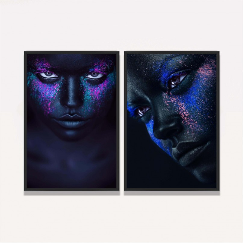 Quadro decorativo Duo Mulher em Tinta Preta Detalhes em Azul