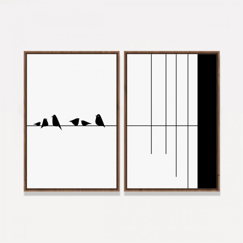 Quadro Pássaros Arte Abstrata Minimalista Preto e Branco