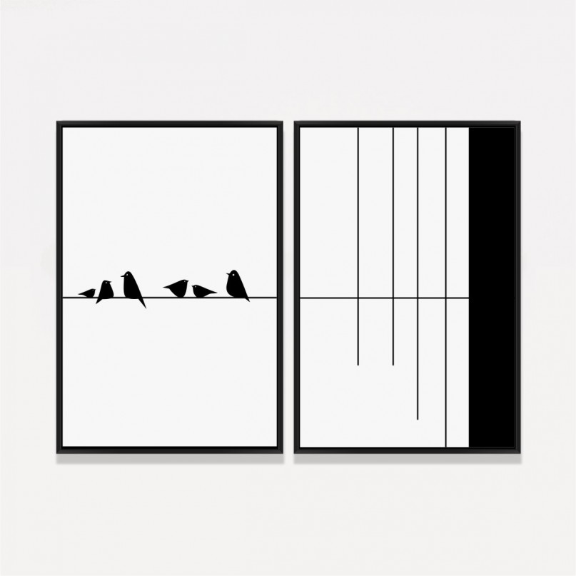 Quadro Pássaros Arte Abstrata Minimalista Preto e Branco