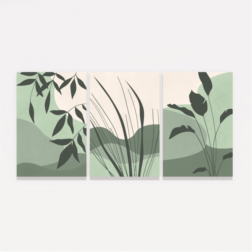 Quadro Botânico Trio de Plantas em Verde Jogo 3 Telas