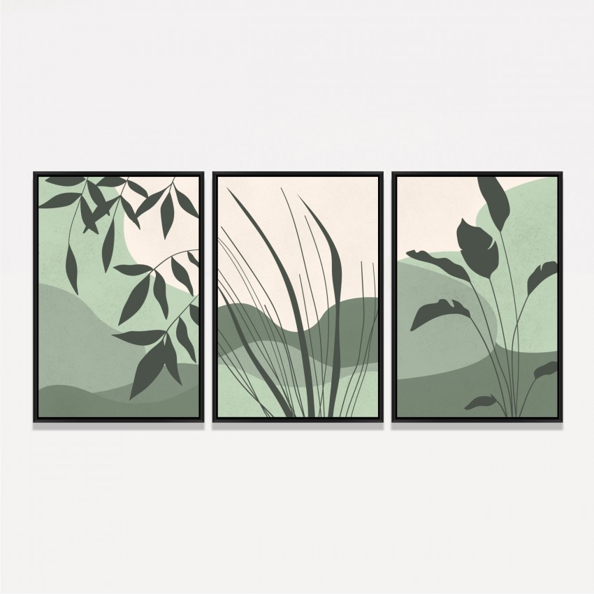 Quadro Botânico Trio de Plantas em Verde Jogo 3 Telas