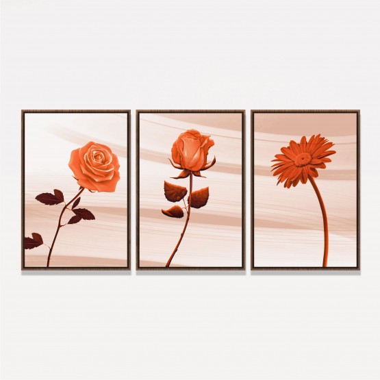 Quadro Flores Rosas Kit Floral Rose Abstrato 3 Telas