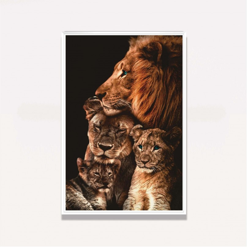 Quadro Família de Leões 2 Filhotes Cores Vibrantes