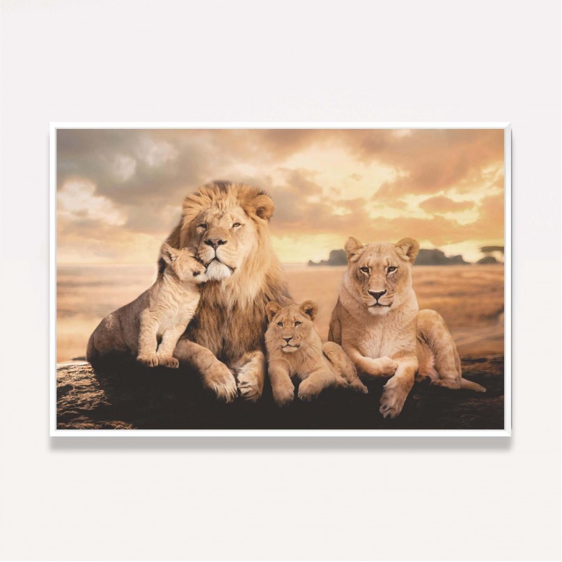 Quadro Família de Leões 2 Filhotes Artístico