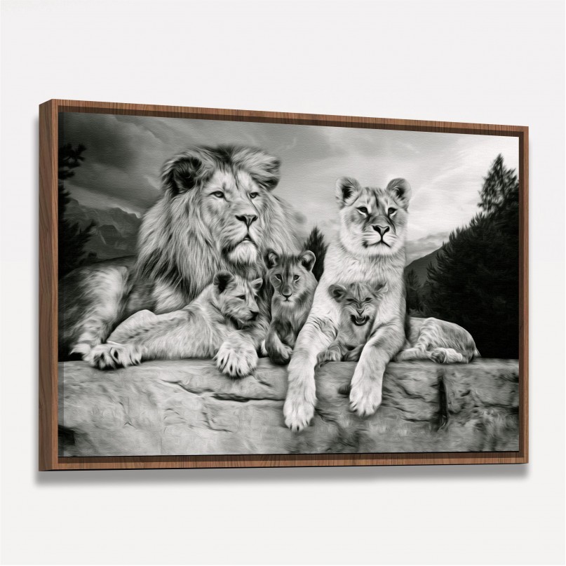 Quadro Família de Leões Artístico Preto e Branco 3 Filhotes