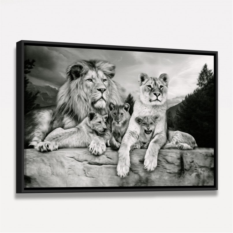 Quadro Família de Leões Artístico Preto e Branco 3 Filhotes