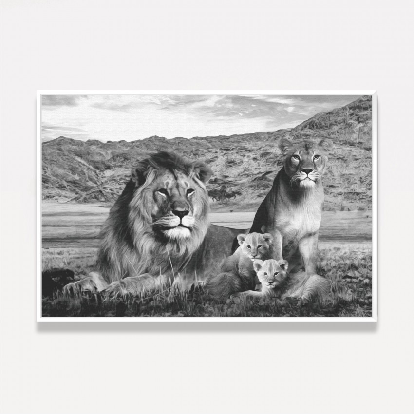 Quadro Arte Família de Leões em Preto e Branco 2 Filhotes