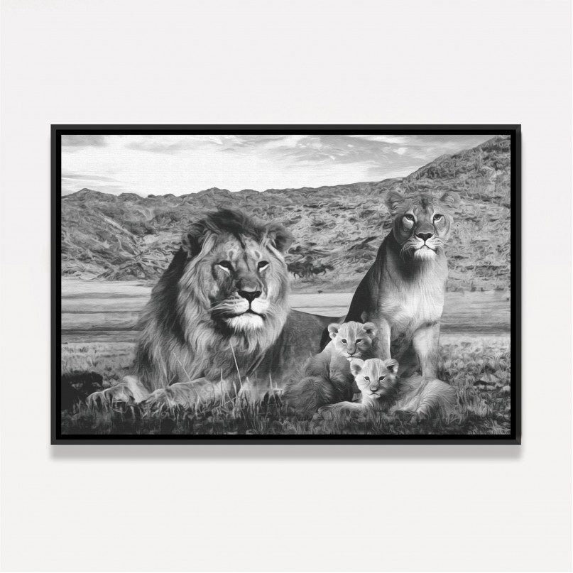 Quadro Arte Família de Leões em Preto e Branco 2 Filhotes