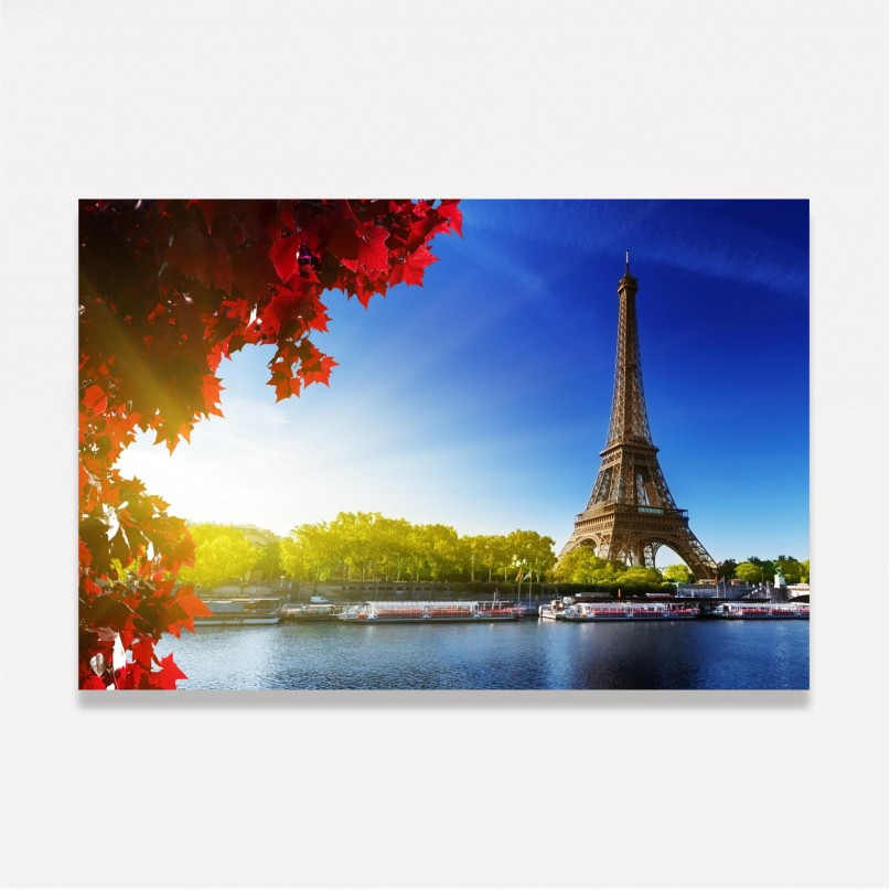 Quadro Paris Paisagem Torre Eiffel e Folhagem Vermelha