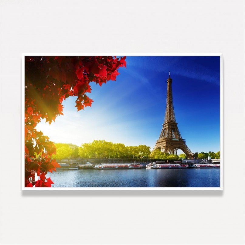 Quadro Paris Paisagem Torre Eiffel e Folhagem Vermelha