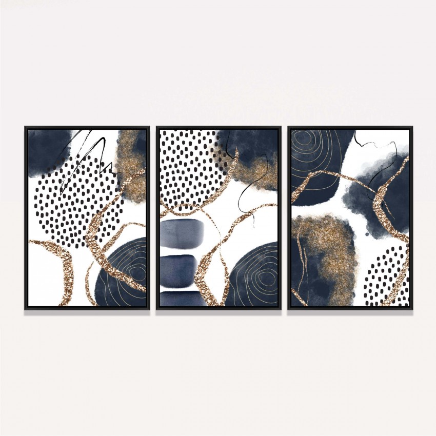Quadro Abstrato Trio Organic Azul e Detalhes Ouro