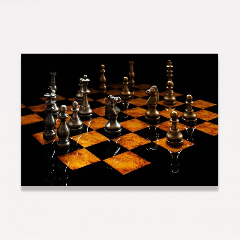 Poster Peças pretas de xadrez num tabuleiro de xadrez