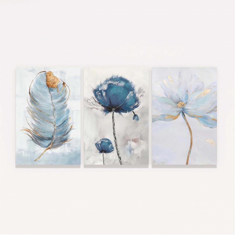 Quadro Arte Abstrata Trio Flores em Azul com Pena Sutil