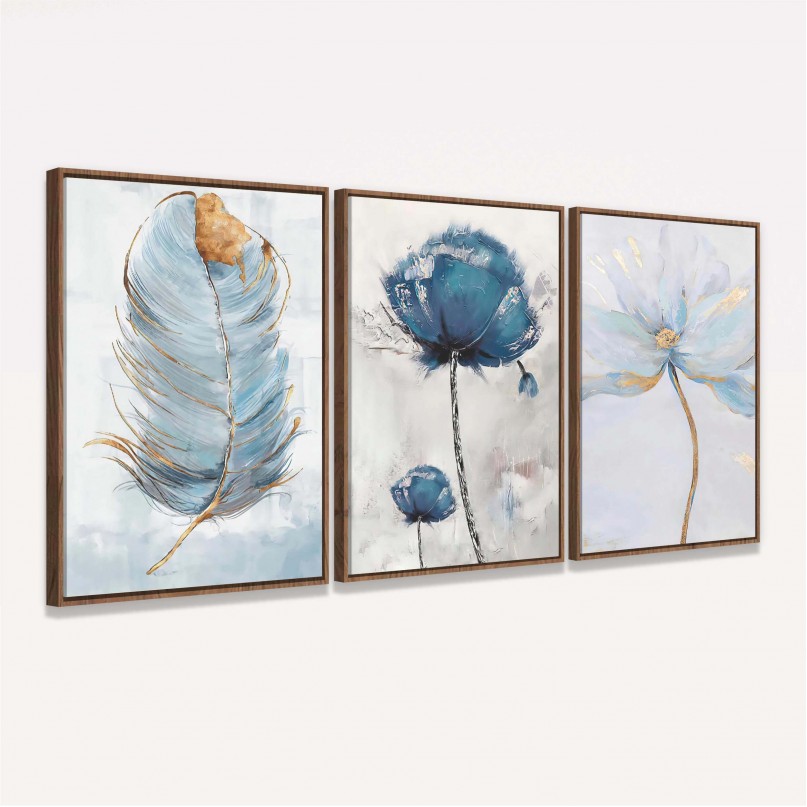 Quadro Arte Abstrata Trio Flores em Azul com Pena Sutil