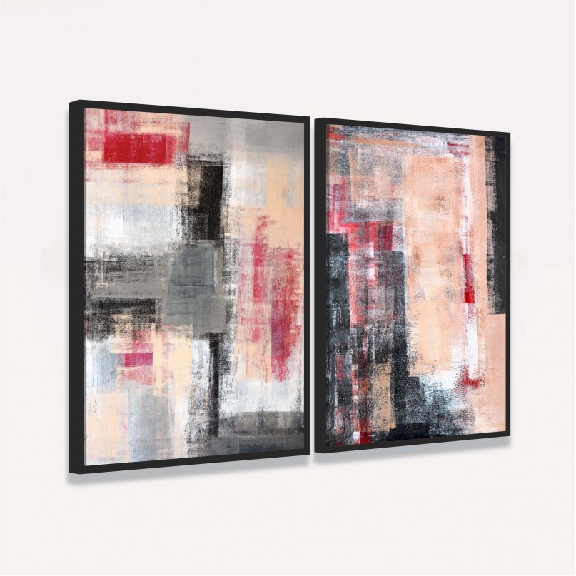 Quadro decorativo Abstrato Duo Cinzento Detalhes Vermelhos