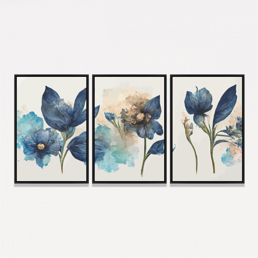 Quadro Flores Azuis em Aquarela - Kit 3 Peças