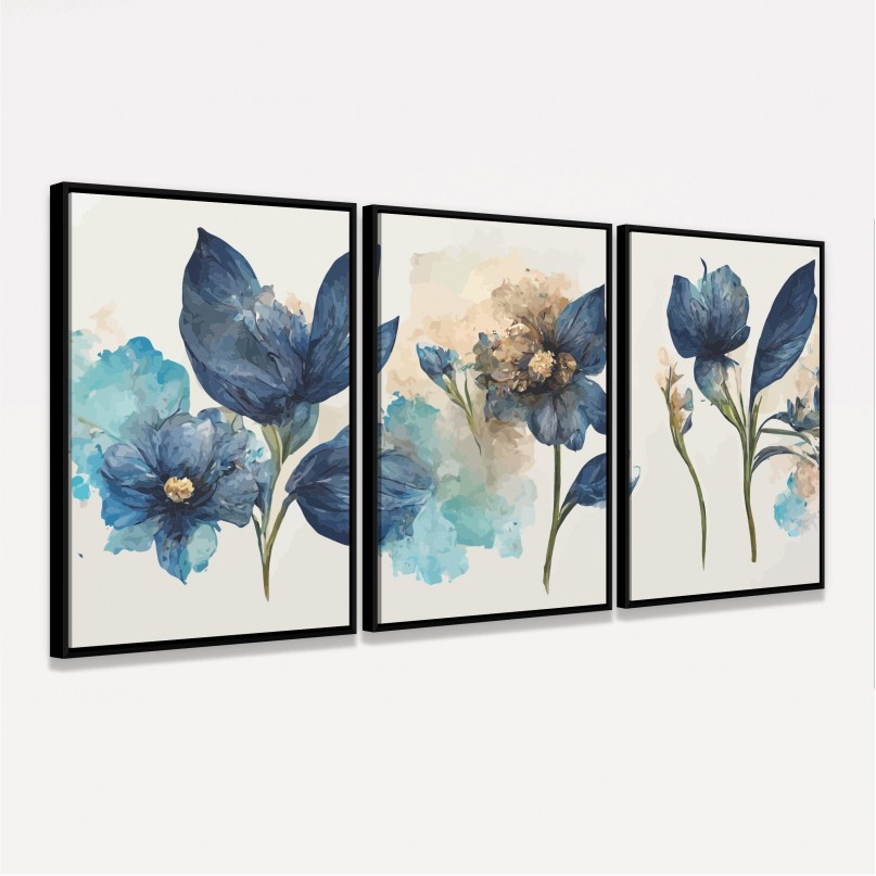 Quadro Flores Azuis em Aquarela - Kit 3 Peças
