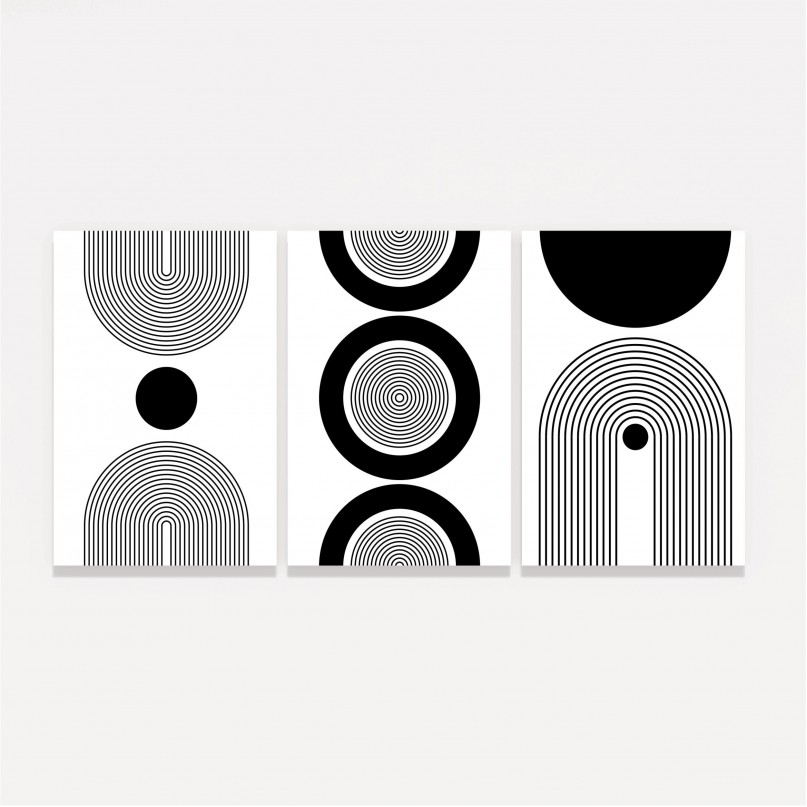 Quadro Trio Geometric Abstract Black and White