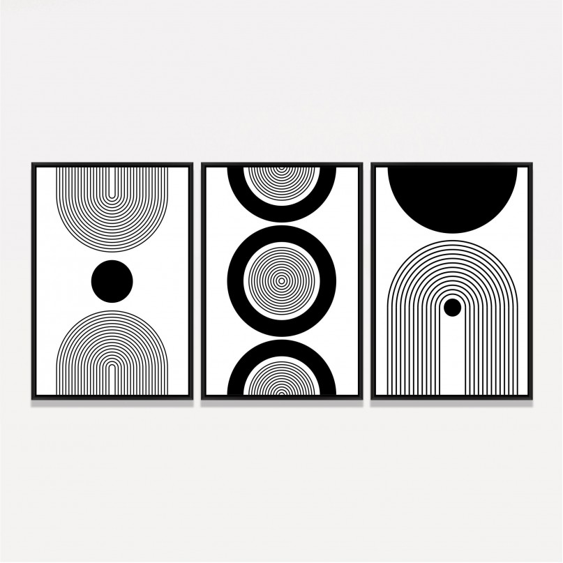 Quadro Trio Geometric Abstract Black and White