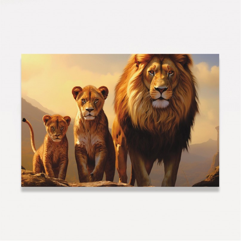 Quadro Casal de Leões e seu Filhote 