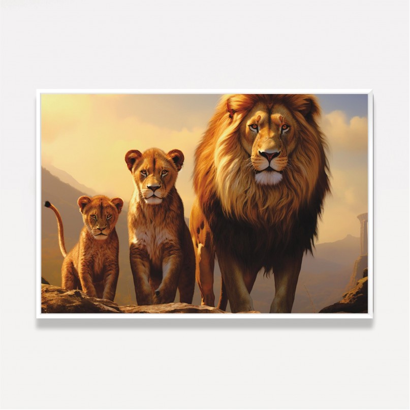 Quadro Casal de Leões e seu Filhote 
