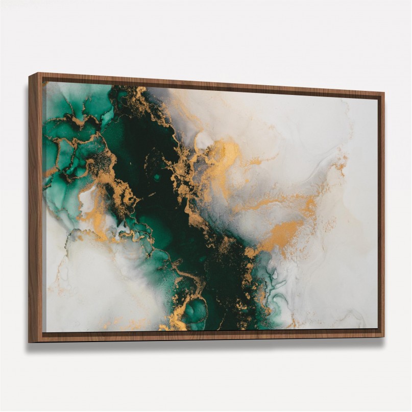 Quadro Abstrato Marmorizado Verde e Dourado 