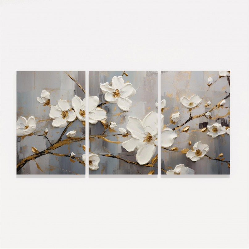 Quadro Trio Flores de Cerejeira Branco e Dourado