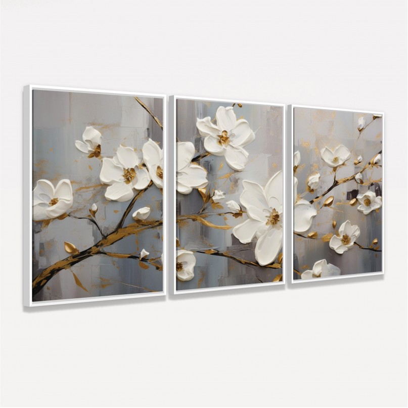 Quadro Trio Flores de Cerejeira Branco e Dourado