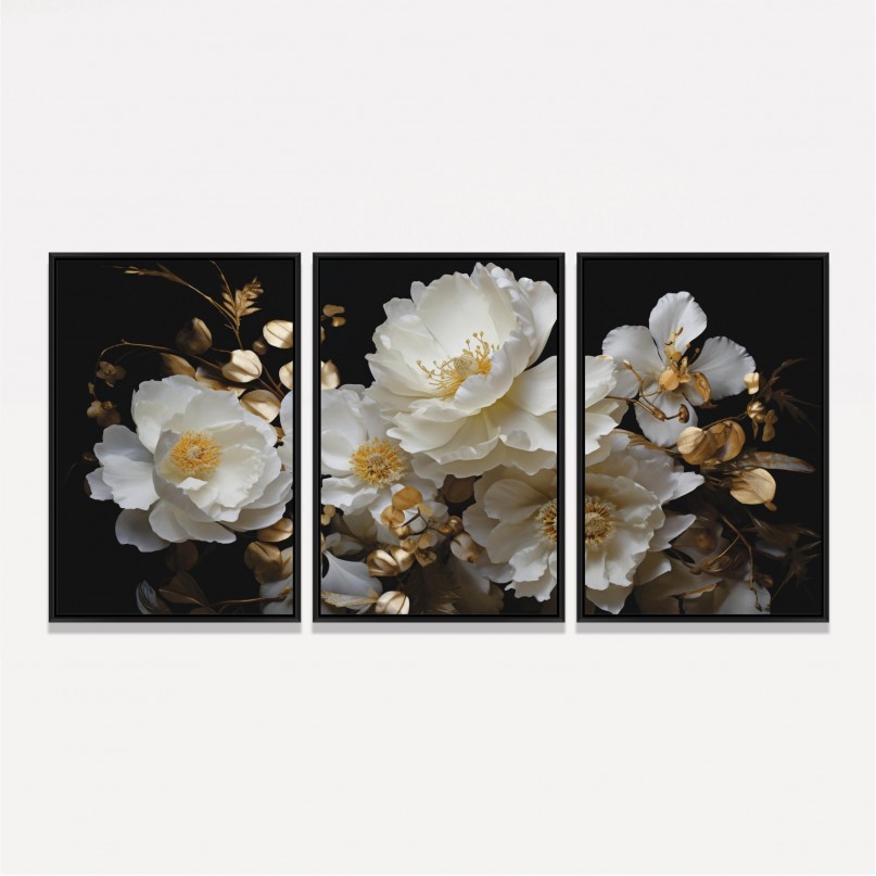 Quadro Trio Flor de Cerejeira em Fundo Preto