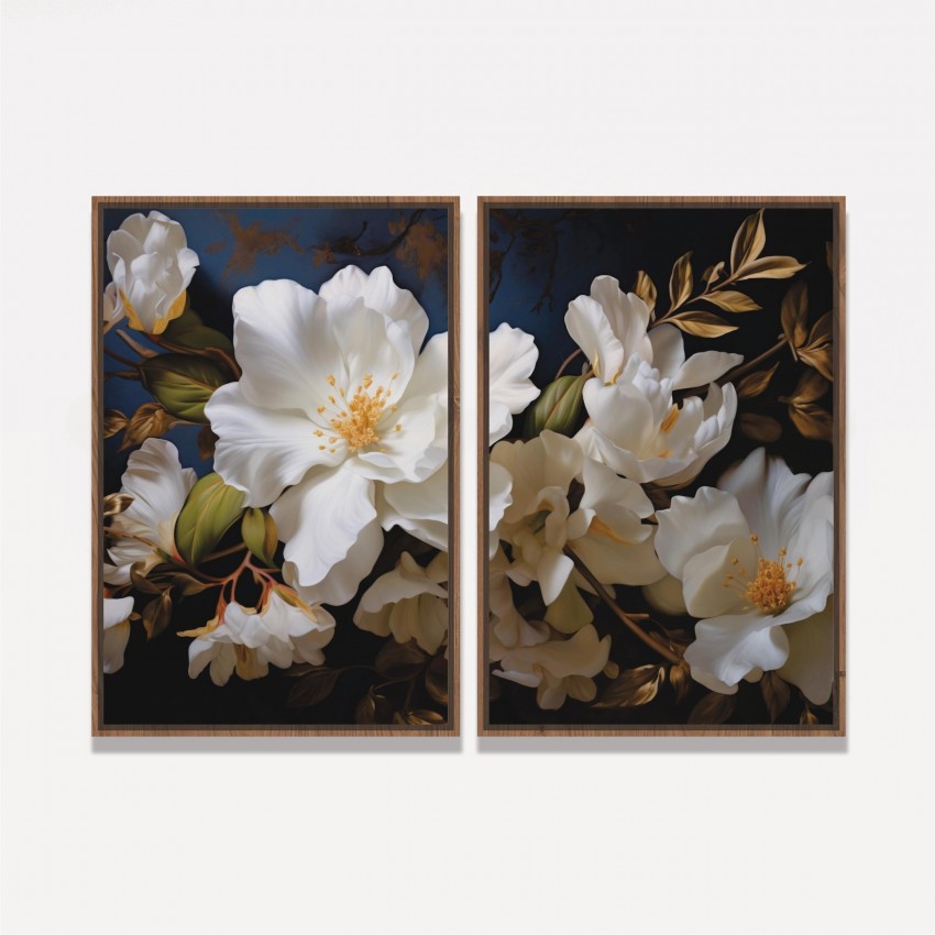 Quadro Duo Flores de Cerejeira Branco e Dourado 