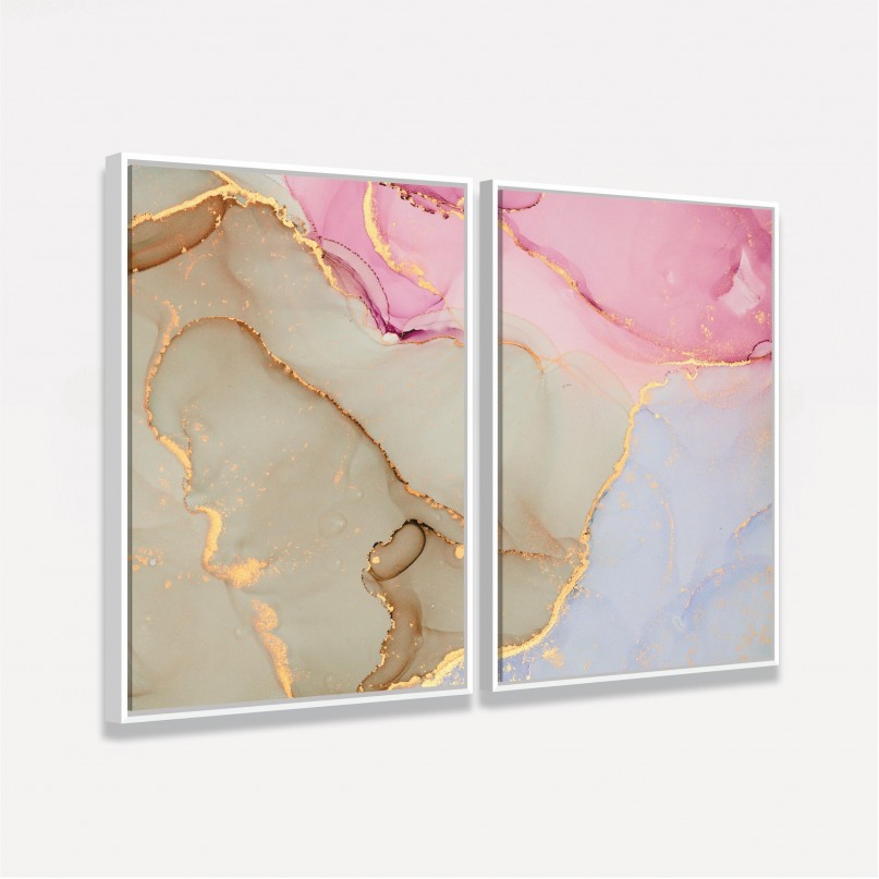 Quadro Duo Abstrato Marmorizado - Rosa com Dourado