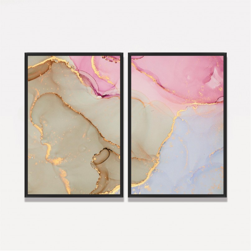 Quadro Duo Abstrato Marmorizado - Rosa com Dourado