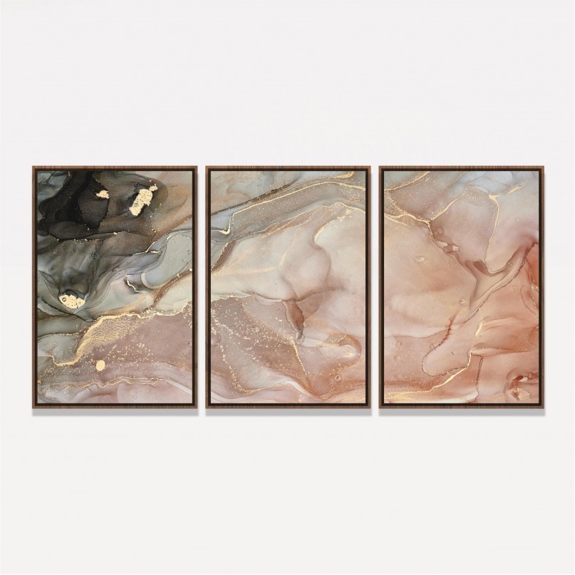 Quadro Trio Abstrato Marmorizado Rose e Cinza