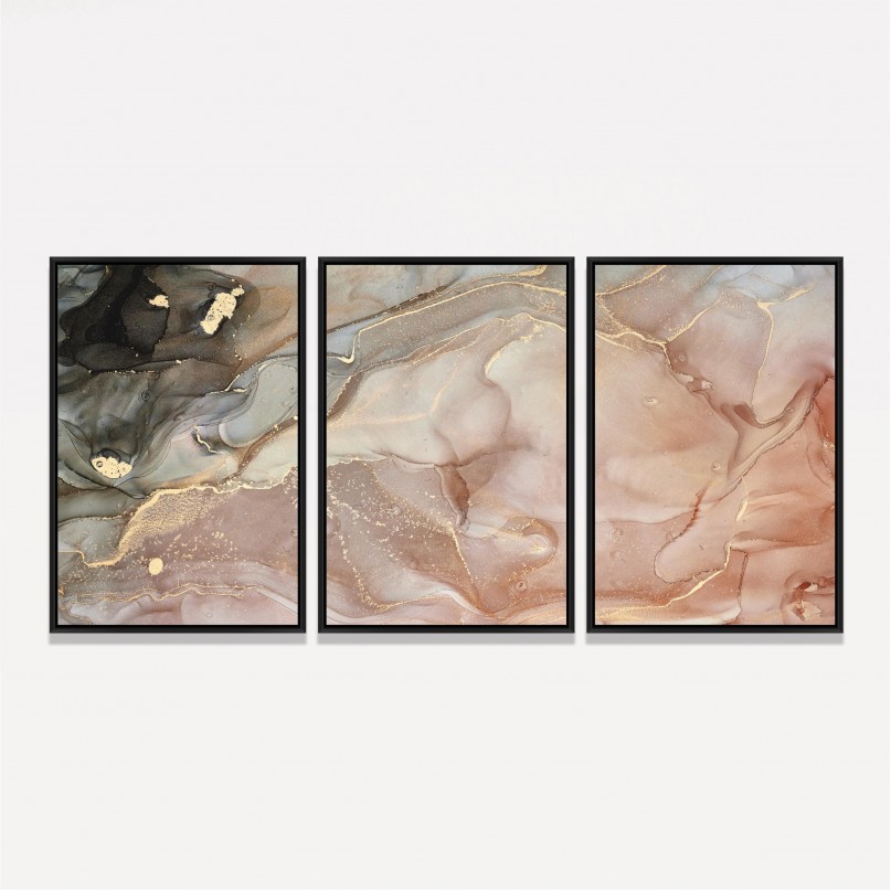 Quadro Trio Abstrato Marmorizado Rose e Cinza